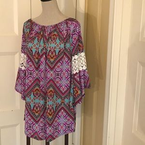 Colorful print lace pinwheel 3/4 sleeve dress L/XL